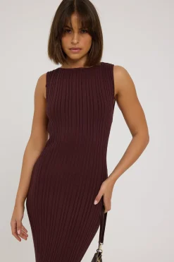 Rib High Neck Open Back Knit Midi Dress Brown