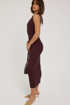 Rib High Neck Open Back Knit Midi Dress Brown