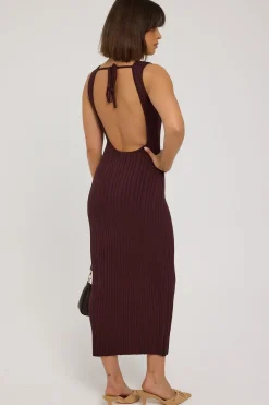 Rib High Neck Open Back Knit Midi Dress Brown