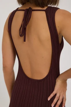 Rib High Neck Open Back Knit Midi Dress Brown