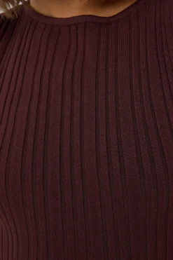 Rib High Neck Open Back Knit Midi Dress Brown