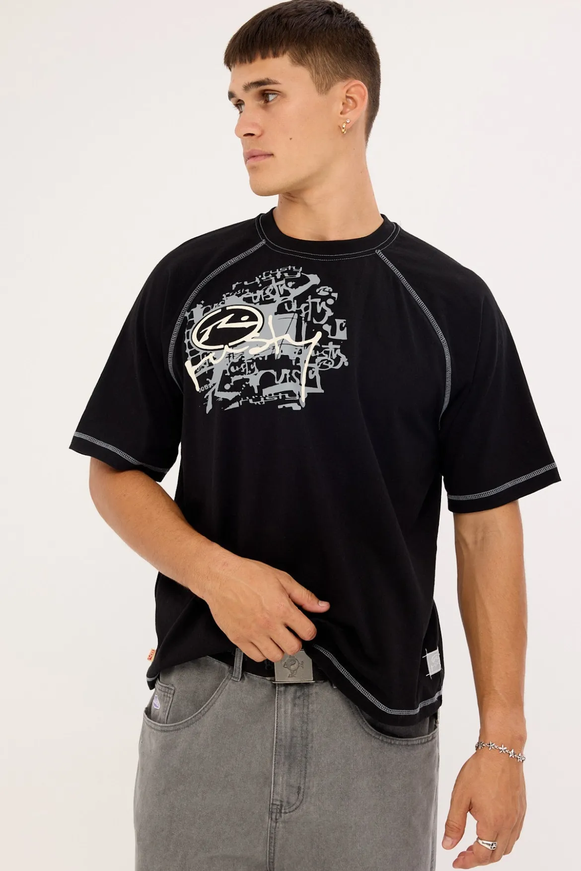 Riddle Me This Stripe Cropped Raglan Tee Black