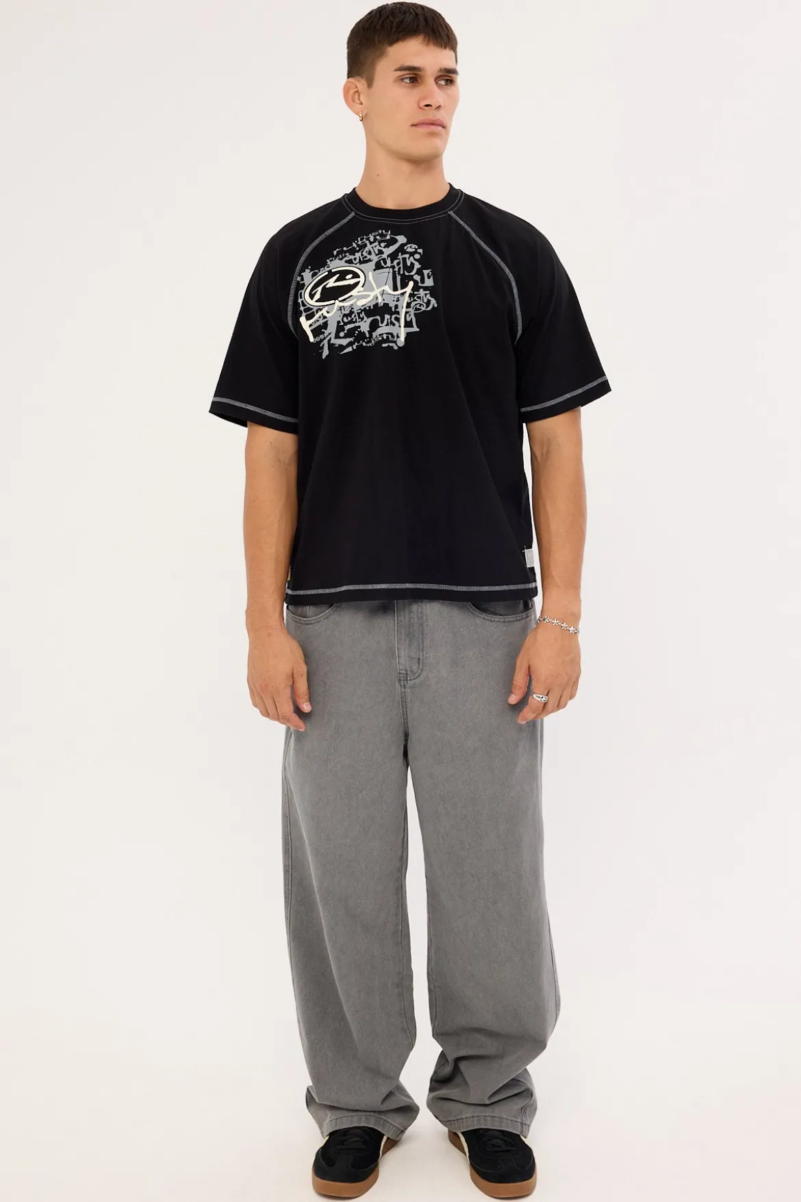 Riddle Me This Stripe Cropped Raglan Tee Black