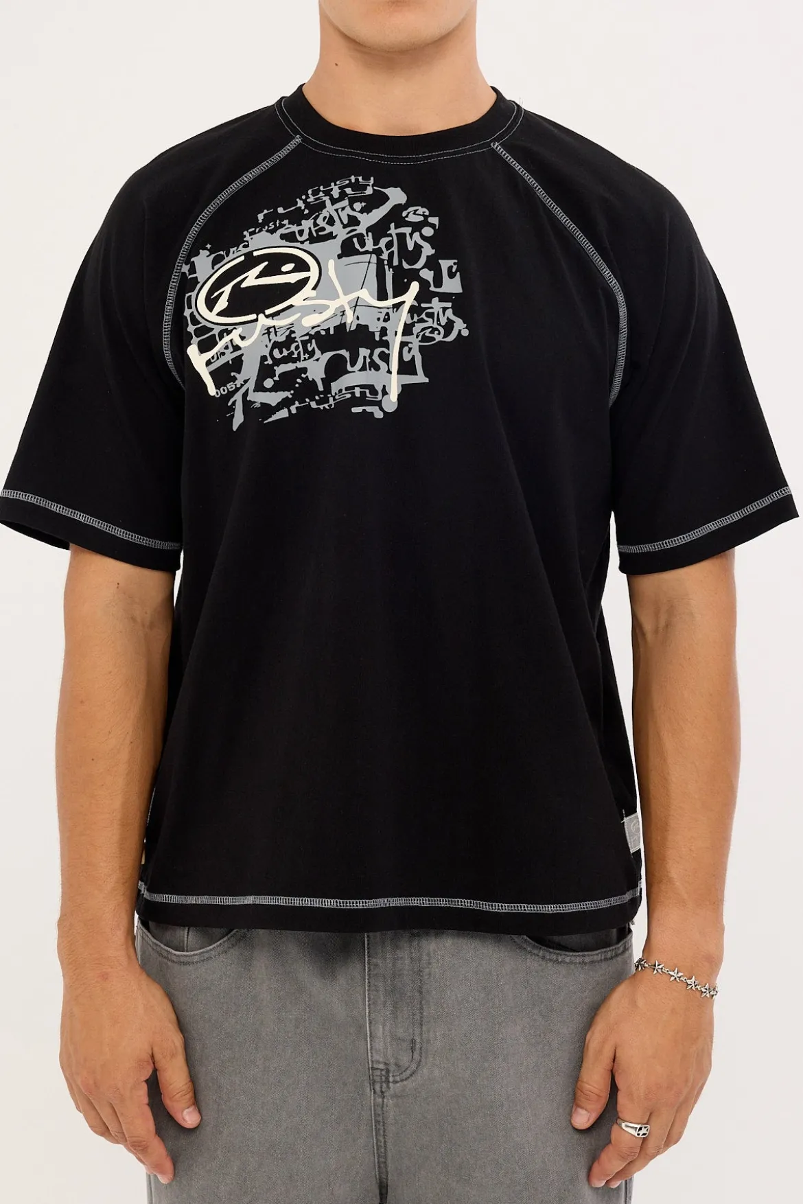 Riddle Me This Stripe Cropped Raglan Tee Black