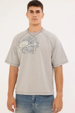 Riddle Me This Stripe Cropped Raglan Tee Stone Grey