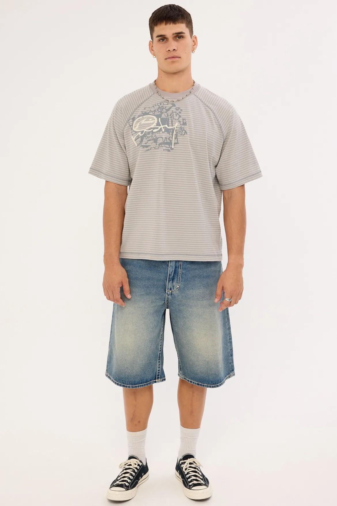 Riddle Me This Stripe Cropped Raglan Tee Stone Grey