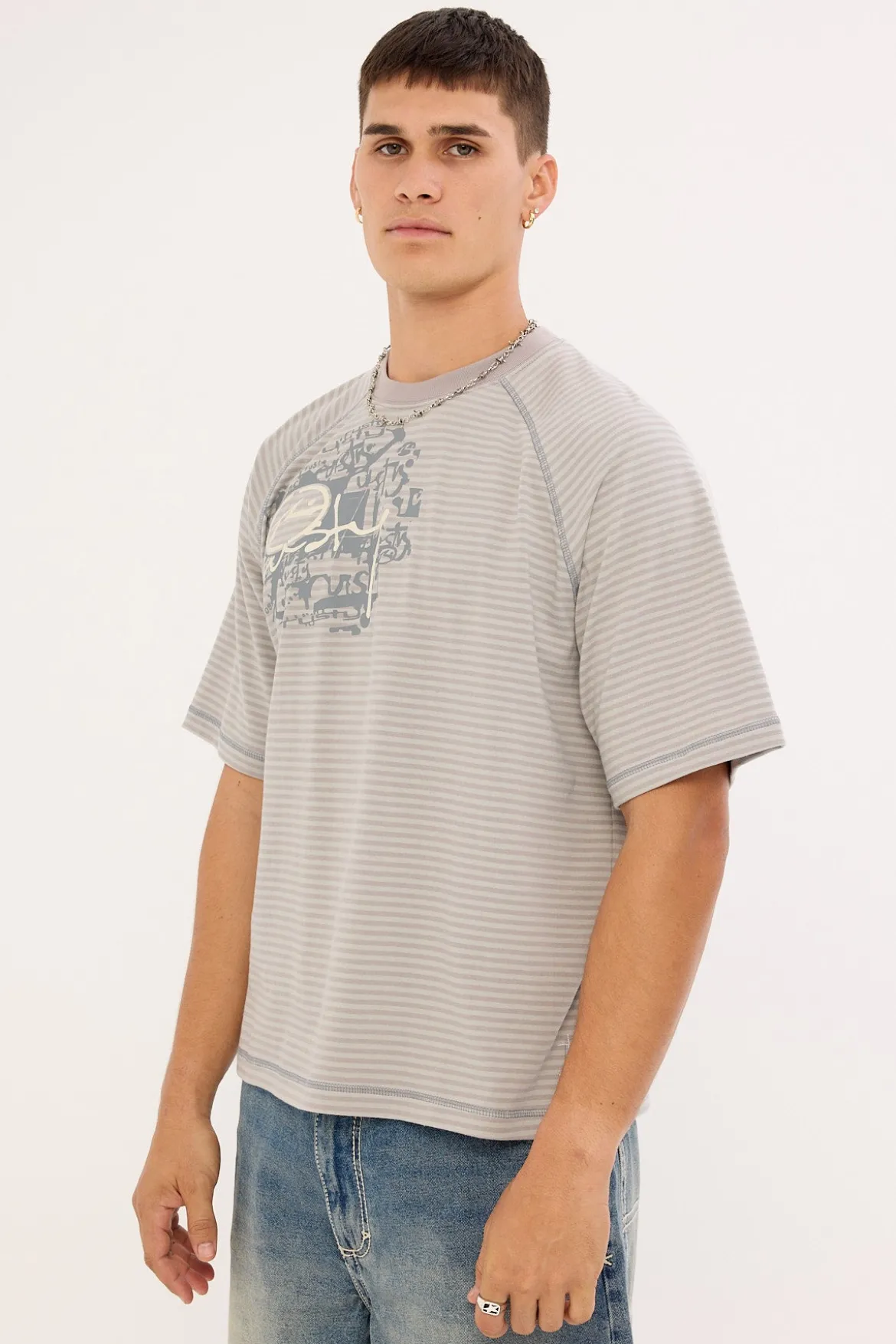 Riddle Me This Stripe Cropped Raglan Tee Stone Grey
