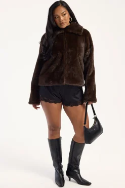 Riley Cropped Faux Fur Jacket Brown