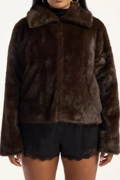 Riley Cropped Faux Fur Jacket Brown