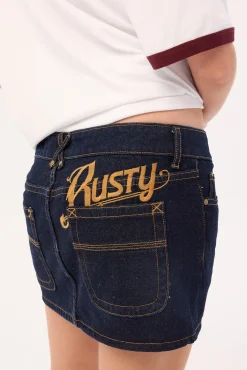Risque Low Rise Denim Micro Skirt Raw Dawg