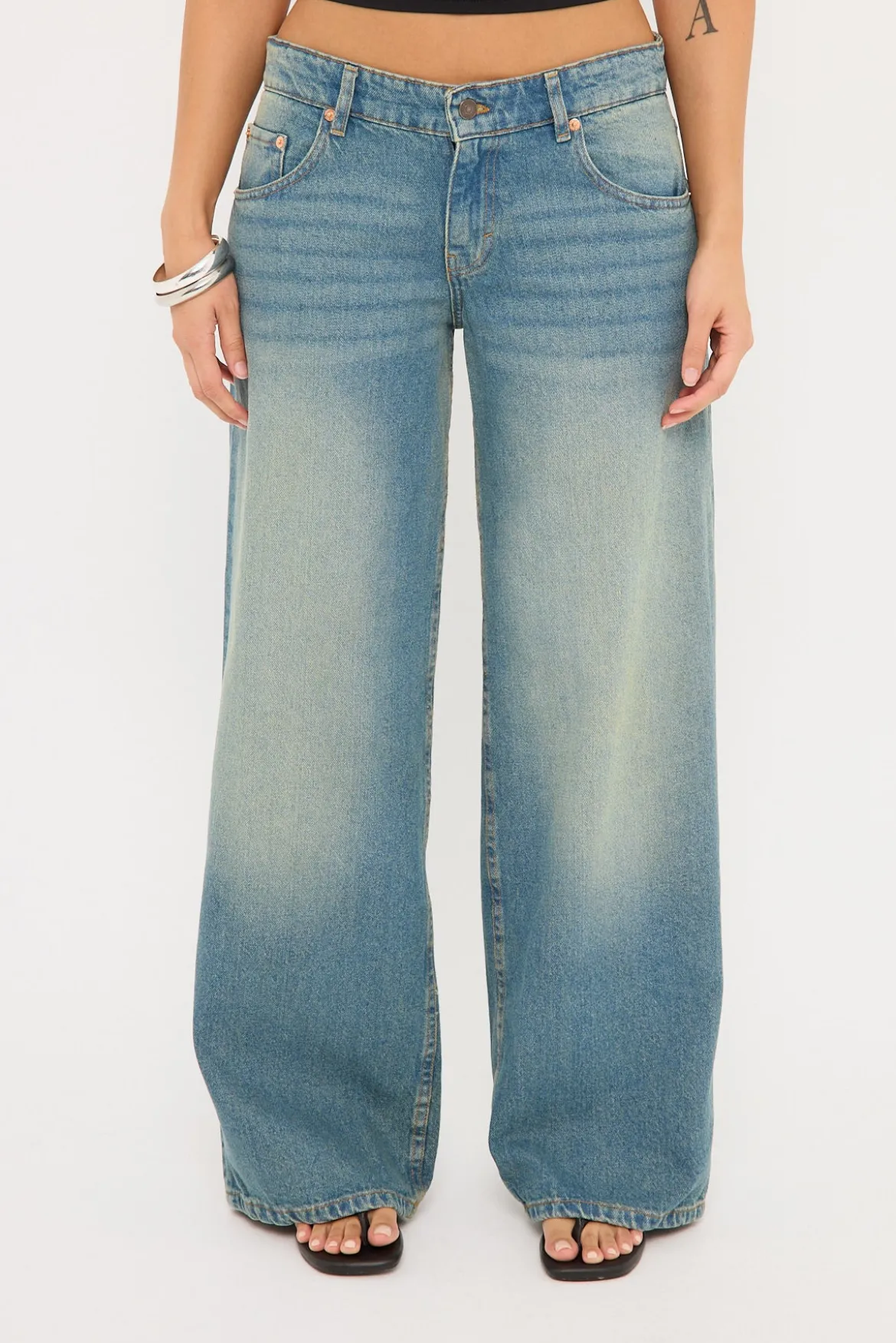 Roomy Extra Wide Low Rise Jean Vintage Blue Green Denim
