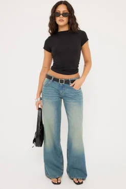 Roomy Extra Wide Low Rise Jean Vintage Blue Green Denim