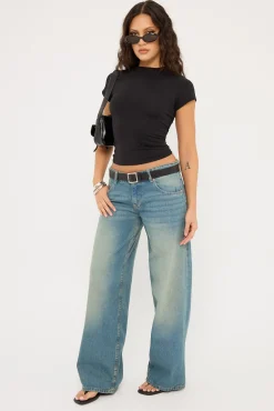 Roomy Extra Wide Low Rise Jean Vintage Blue Green Denim
