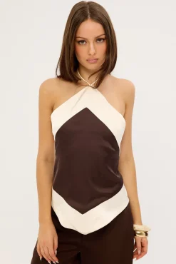 Rosa Satin Halter Tie Top Brown