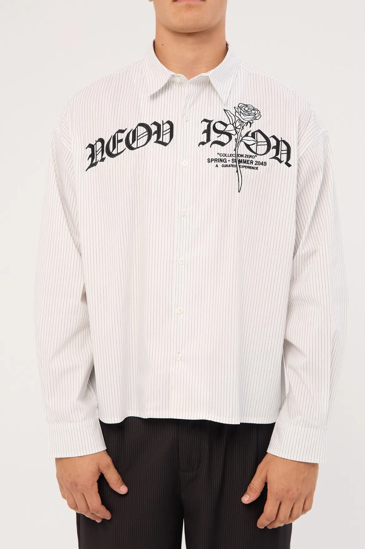Rosebud Oversize Cropped Long Sleeve Shirt White/Black Stripe