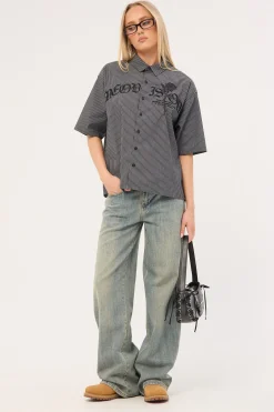 Rosebud Oversize Cropped Shirt Black/White Stripe