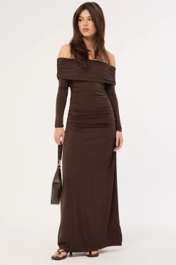 Rosetta Off Shoulder Long Sleeve Maxi Dress Ash Brown