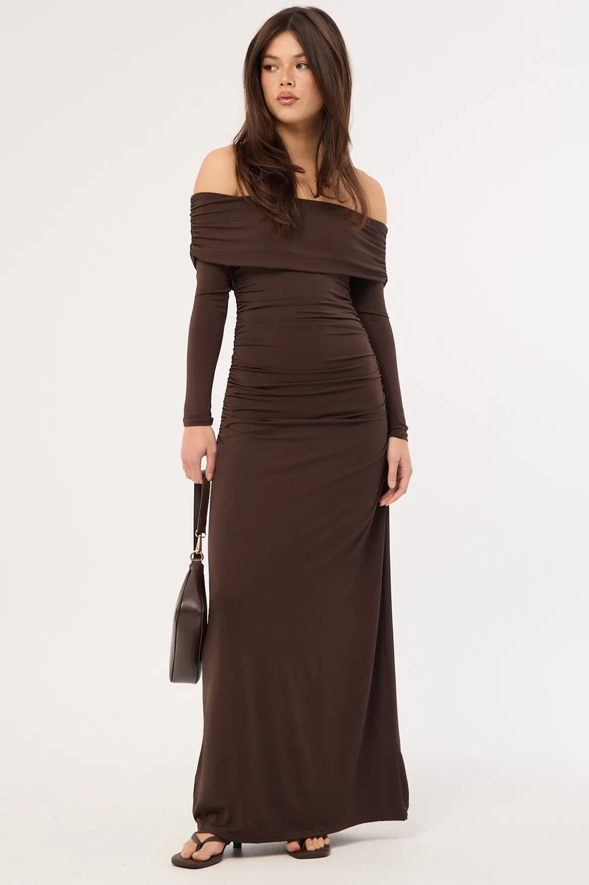 Rosetta Off Shoulder Long Sleeve Maxi Dress Ash Brown
