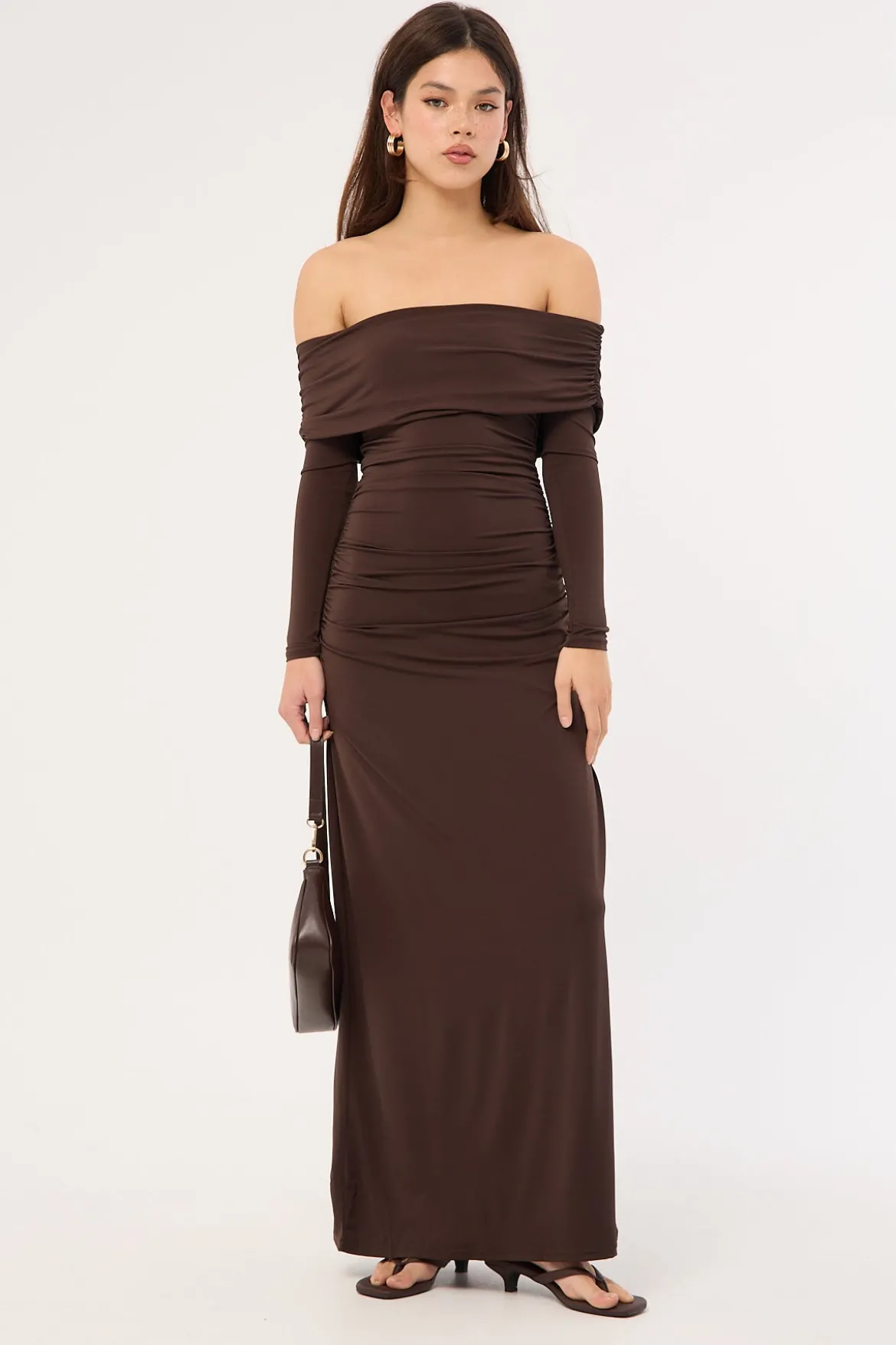 Rosetta Off Shoulder Long Sleeve Maxi Dress Ash Brown