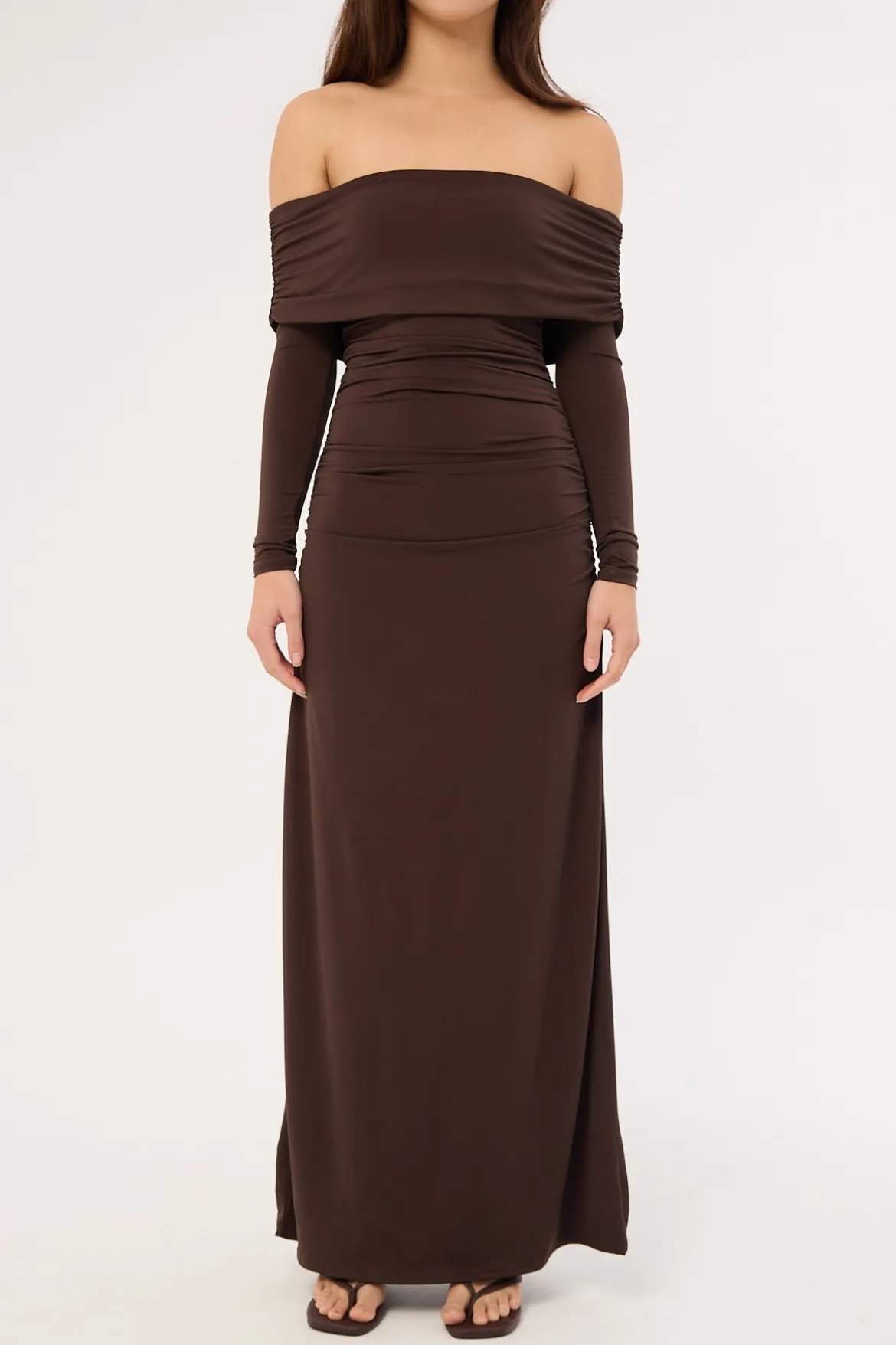 Rosetta Off Shoulder Long Sleeve Maxi Dress Ash Brown