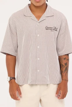 Royalty Boxy Cropped Resort Shirt Brown Stripe