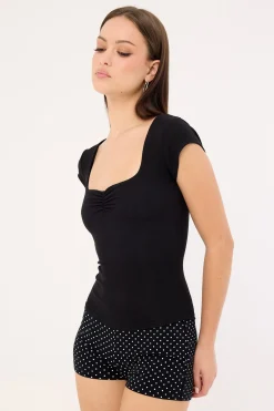 Ruched Cap Sleeve T-shirt Black
