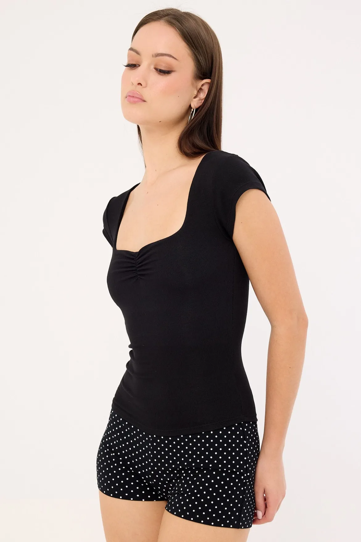 Ruched Cap Sleeve T-shirt Black