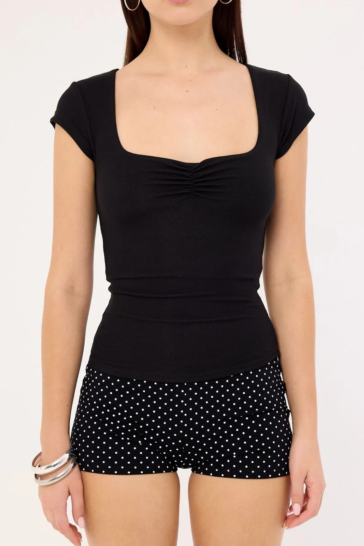 Ruched Cap Sleeve T-shirt Black