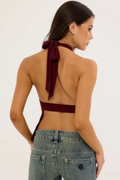 Rylan High Neck Jersey Top Burgundy