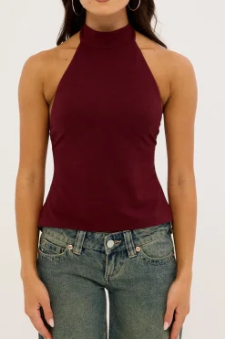 Rylan High Neck Jersey Top Burgundy