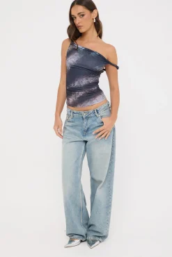 Sabina Twist Off Shoulder Top Black Print