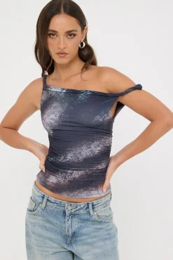 Sabina Twist Off Shoulder Top Black Print
