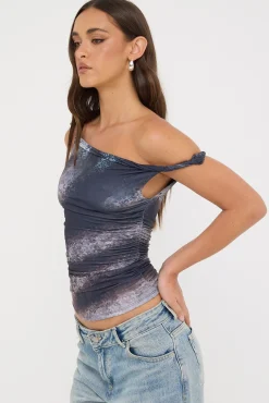 Sabina Twist Off Shoulder Top Black Print