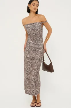 Sabine Twist Off Shoulder Midi Dress Leopard