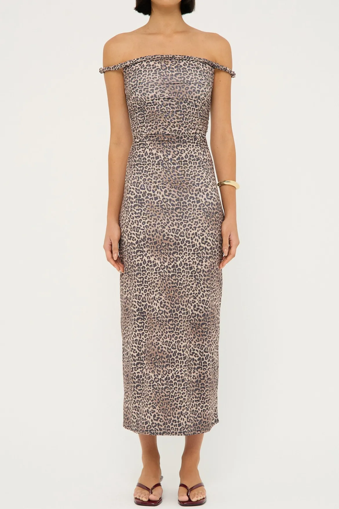 Sabine Twist Off Shoulder Midi Dress Leopard