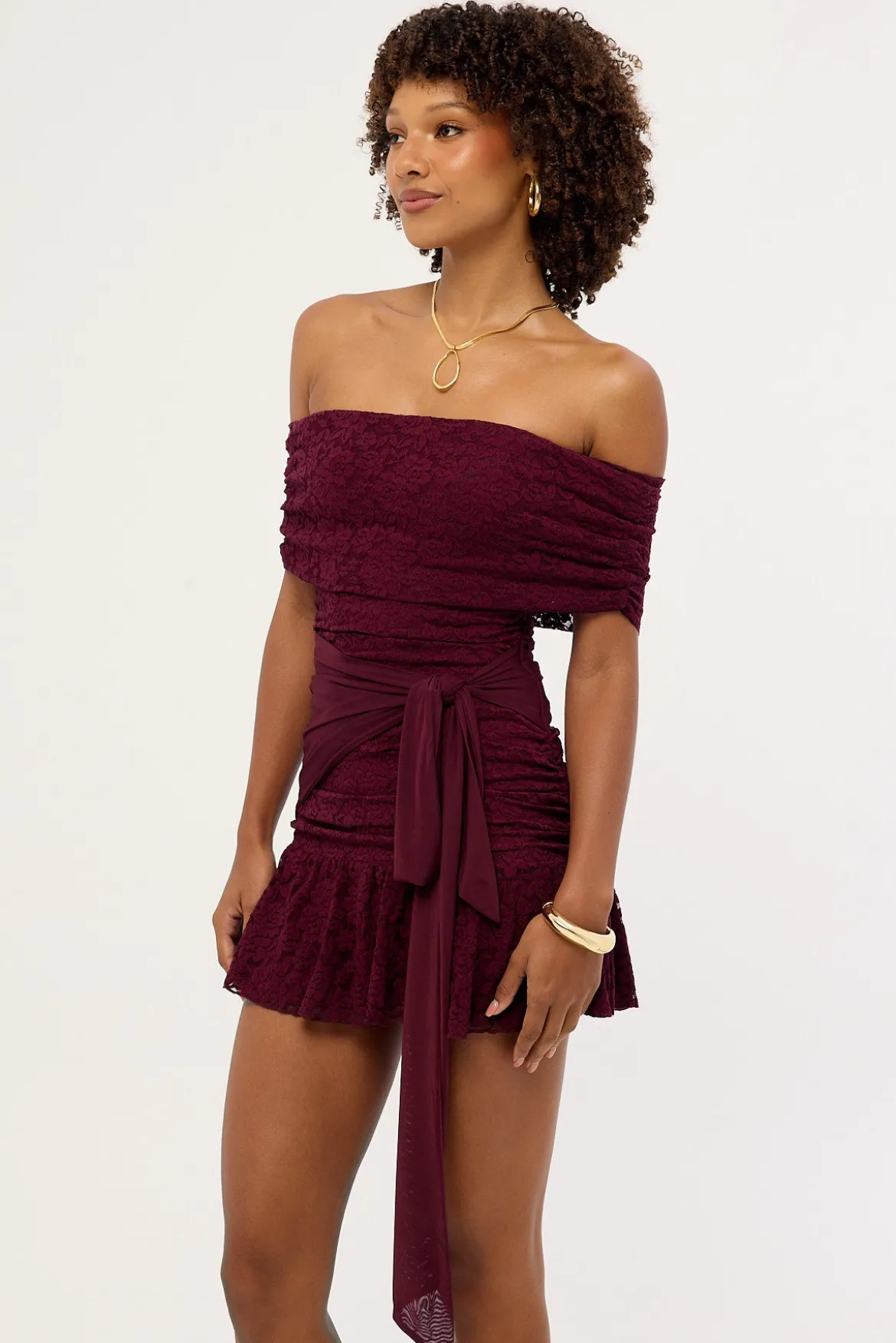 Samba Lace Off Shoulder Mini Dress Plum