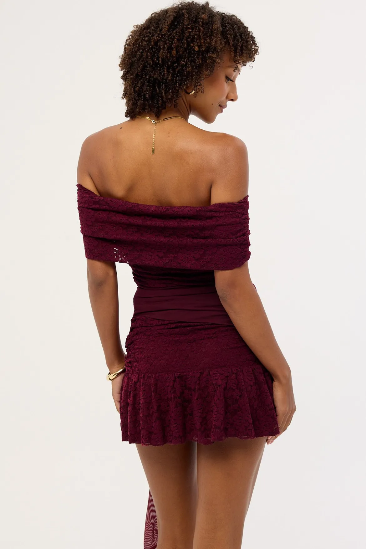 Samba Lace Off Shoulder Mini Dress Plum