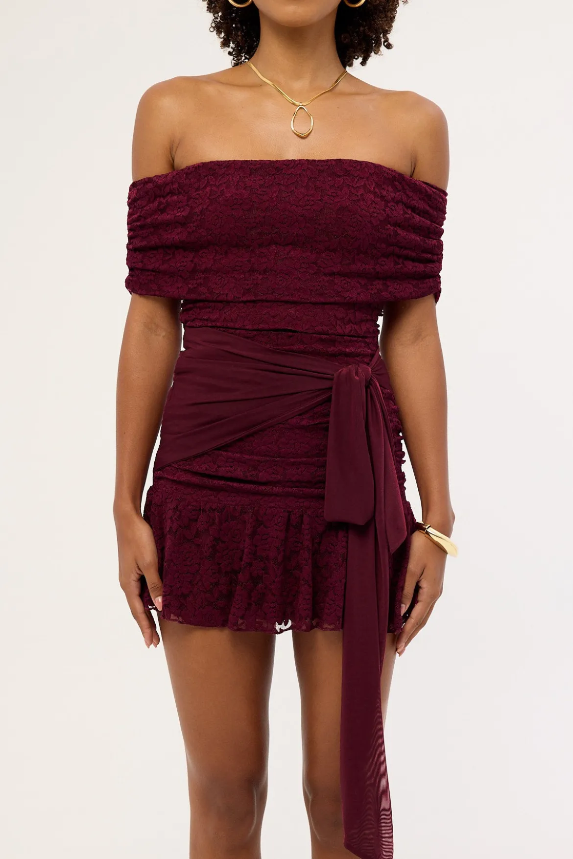 Samba Lace Off Shoulder Mini Dress Plum