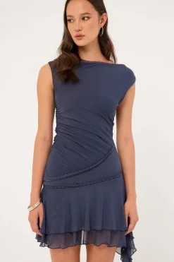 Sammy Off Shoulder Asymmetrical Mini Dress Slate