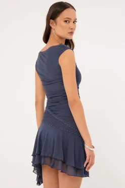 Sammy Off Shoulder Asymmetrical Mini Dress Slate