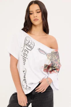 Savage Off Shoulder Relaxed Tee White