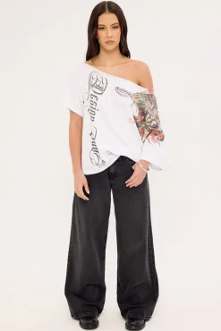 Savage Off Shoulder Relaxed Tee White