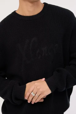 Script Waffle Knit Sweater Black