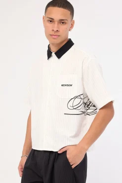 Scripture Oversize Cropped Shirt White Pinstripe