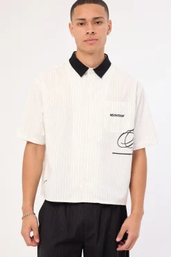 Scripture Oversize Cropped Shirt White Pinstripe