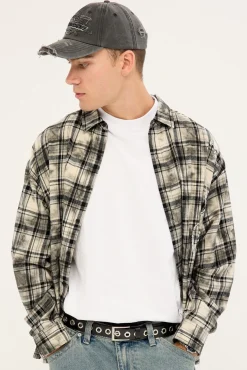 Scripture Oversized Long Sleeve Shirt Washed White/Black Flannel