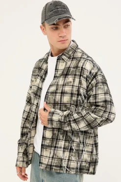 Scripture Oversized Long Sleeve Shirt Washed White/Black Flannel