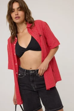 Secure Check Oversize Short Sleeve Shirt Red/White