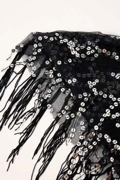 Sequin Tassel Scarf Black