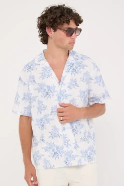 Serene Linen Resort Shirt White/Blue